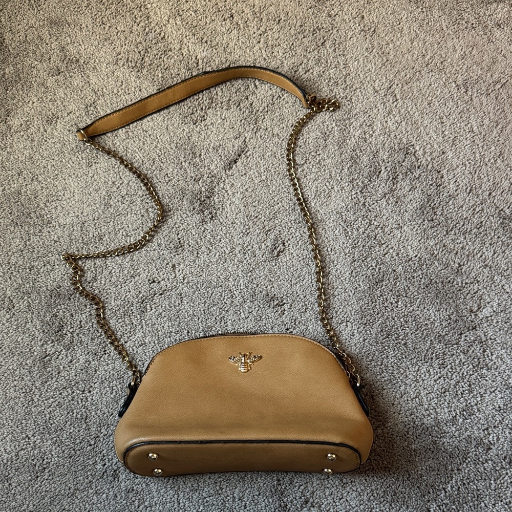 Golden Bee Tan Crossbody Bag Chain Strap Mini Shoulder Purse Gold Logo Accent